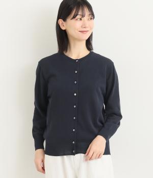 コットンリバティくるみ釦7分袖ベーシックカーディガン(ネイビー-ONESIZE)