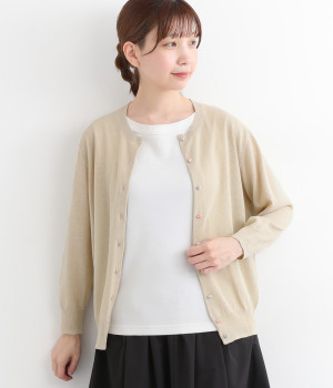 リネンコットンリバティくるみ釦ベーシックカーディガン(ベージュ-ONESIZE)