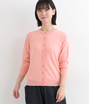 リネンコットンリバティくるみ釦ベーシックカーディガン(ピンク-ONESIZE)