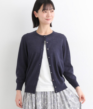 リネンコットンリバティくるみ釦ベーシックカーディガン(ネイビー-ONESIZE)