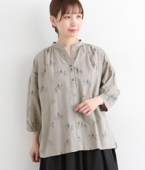 リネンコットンシーチング乗馬スキッパーブラウス(ベージュ-ONESIZE)