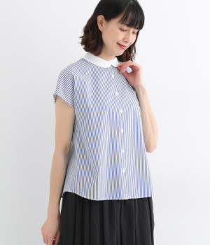 コットンブロード重ね襟裾ラウンドカット半袖シャツ(ストライプ-ONESIZE)