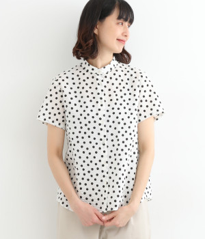コットンローンリップルドットスタンドカラー半袖シャツ(オフホワイト-ONESIZE)