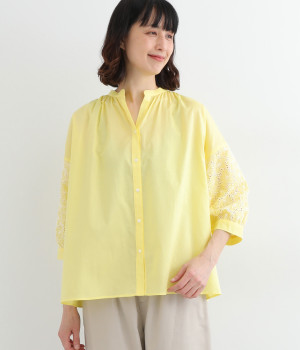 コットン収縮レース×ローン7分袖スッキパ―ブラウス(シトラス-ONESIZE)