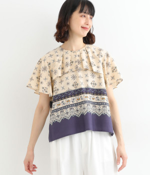 コットンレーヨンローンボーダー小紋ハンカチーフブラウス(ネイビー-ONESIZE)