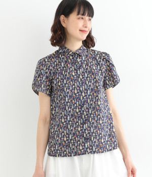 コットンローンカクテルチューリップスリーブシャツカラー(ネイビー-ONESIZE)