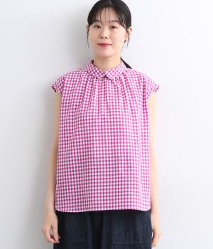 コットンリネンムラ糸ギンガム重ね襟プルオーバーブラウス(パープル-ONESIZE)