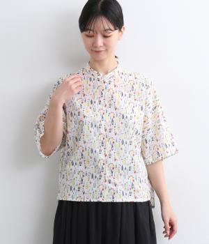 コットンローンカクテルスタンドカラー5分袖ドルマンシャツ(オフホワイト-ONESIZE)