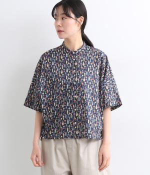 コットンローンカクテルスタンドカラー5分袖ドルマンシャツ(ネイビー-ONESIZE)