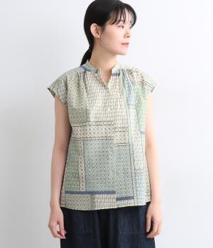 コットンローンリップル小紋パッチワークスキッパーフレンチスリーブブラウス(グリーン系-ONESIZE)