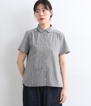 コットンローンリバティアソートくるみ釦半袖ちび襟ギャザーシャツ(ブラックギンガム-ONESIZE)