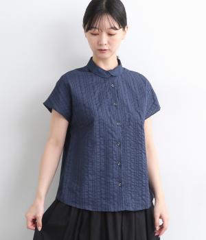 コットンローンベース半袖重ね襟裾ラウンドカットシャツ(ネイビー-ONESIZE)