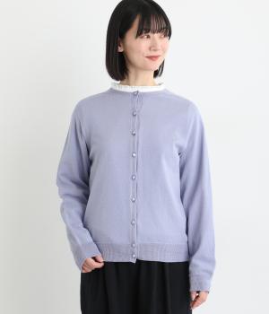 リバティくるみ釦コットンベーシックニットカーディガン(ブルー-L)