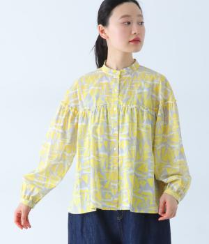 コットンヨットプリント　スタンド切替ギャザーブラウス(イエロー-F)