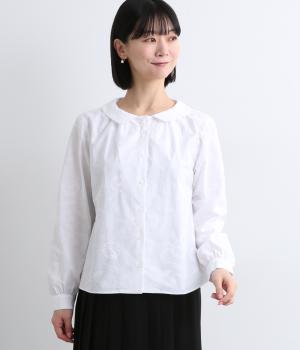 コットン刺繍フラットカラーギャザーブラウス