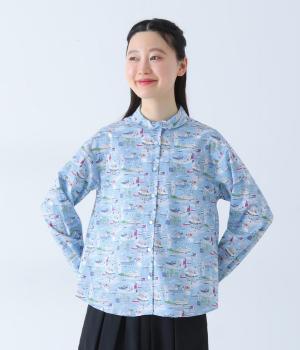 コットン港町プリント　重ね襟ラウンドカットシャツ(ブルー-F)