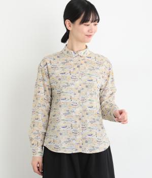コットン港町プリント　重ね襟ラウンドカットシャツ(ベージュ-F)