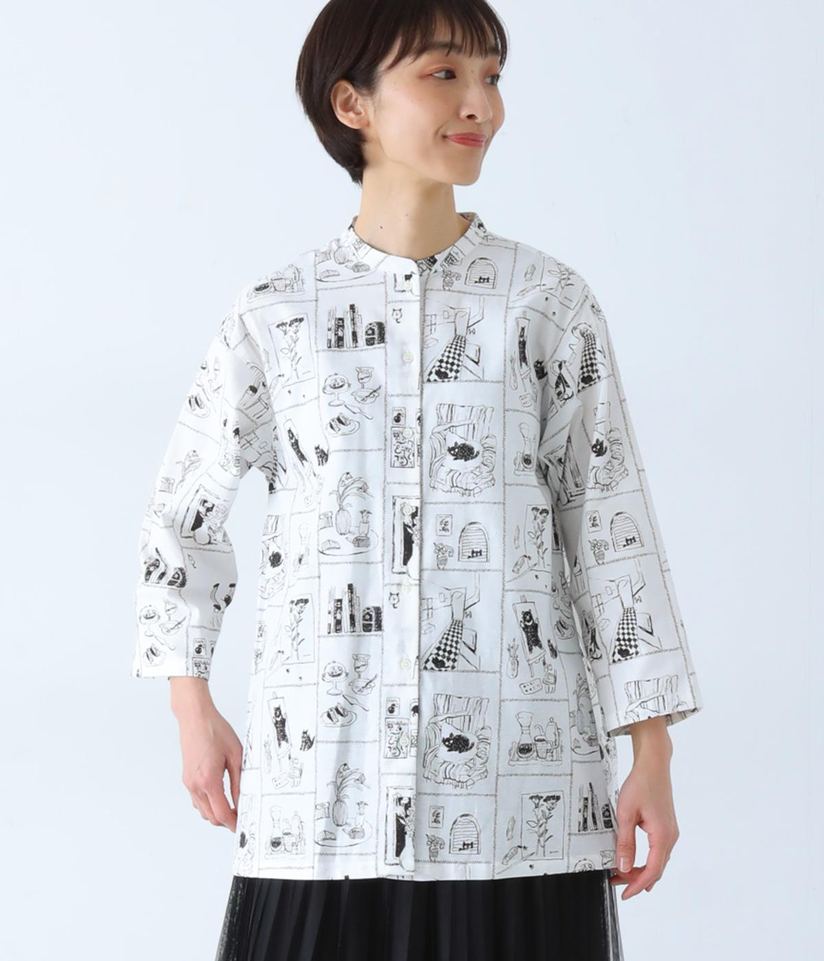 コットンリネン猫の家プリント　ギャザーロングブラウス(オフホワイト×ブラック-F)