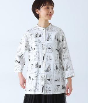 コットンリネン猫の家プリント　ギャザーロングブラウス(オフホワイト×ブラック-F)