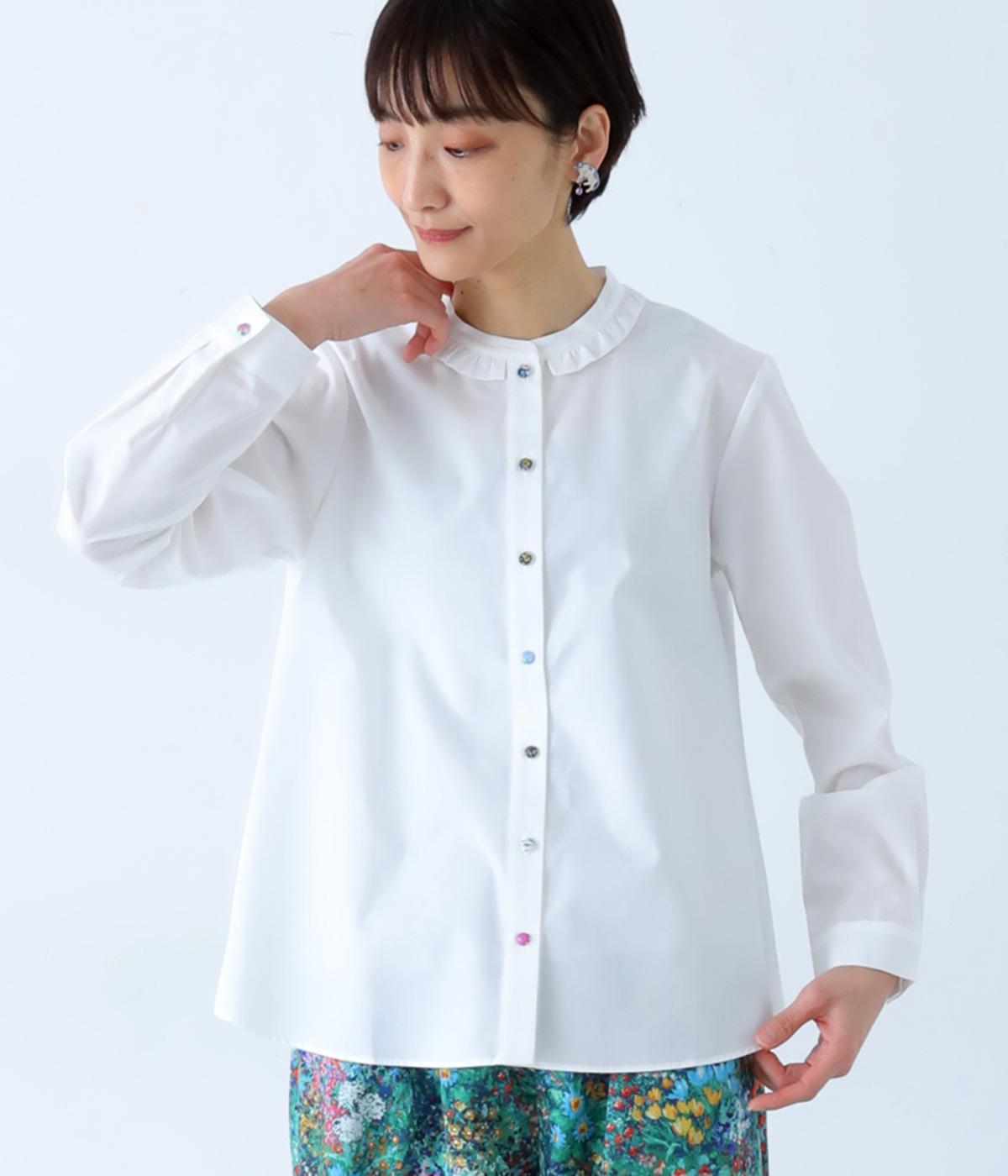 リバティアソートくるみ釦　フリル付きブラウス(オフホワイト-F)