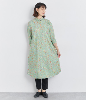 コットンリネンシーチング花小紋7分袖小丸襟シャツワンピース(ミントグリーン-ONESIZE)