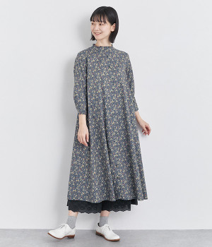 コットンローン多色ミニ更紗7分袖スタンドフリルAラインワンピース(ネイビー-ONESIZE)