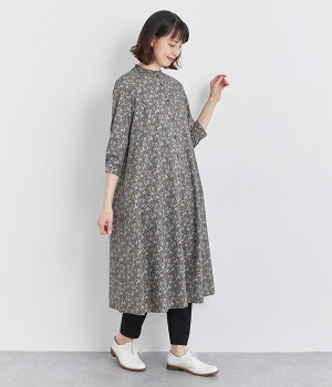 コットンローン多色ミニ更紗7分袖スタンドフリルAラインワンピース(グレー-ONESIZE)