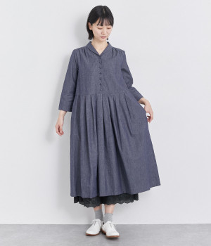 コットン和紙デニム7分袖ショールカラーワンピース(ネイビー-ONESIZE)