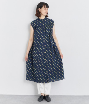 オーバーヨークカットフレンチスリーブジャカードギャザーワンピース(ネイビー-ONESIZE)