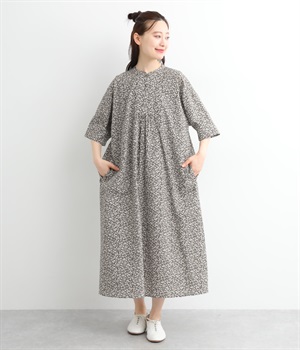 コットンミラクルウェーブカフタン5分袖ワンピース(ミニフラワーブラック-ONESIZE)