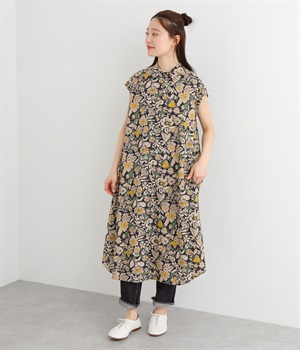 リネンコットンシーチング水彩花小丸襟シャツワンピース(ネイビー-ONESIZE)