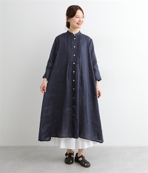 リネンバンドカラーAラインピンタックワンピース(ネイビー-ONESIZE)