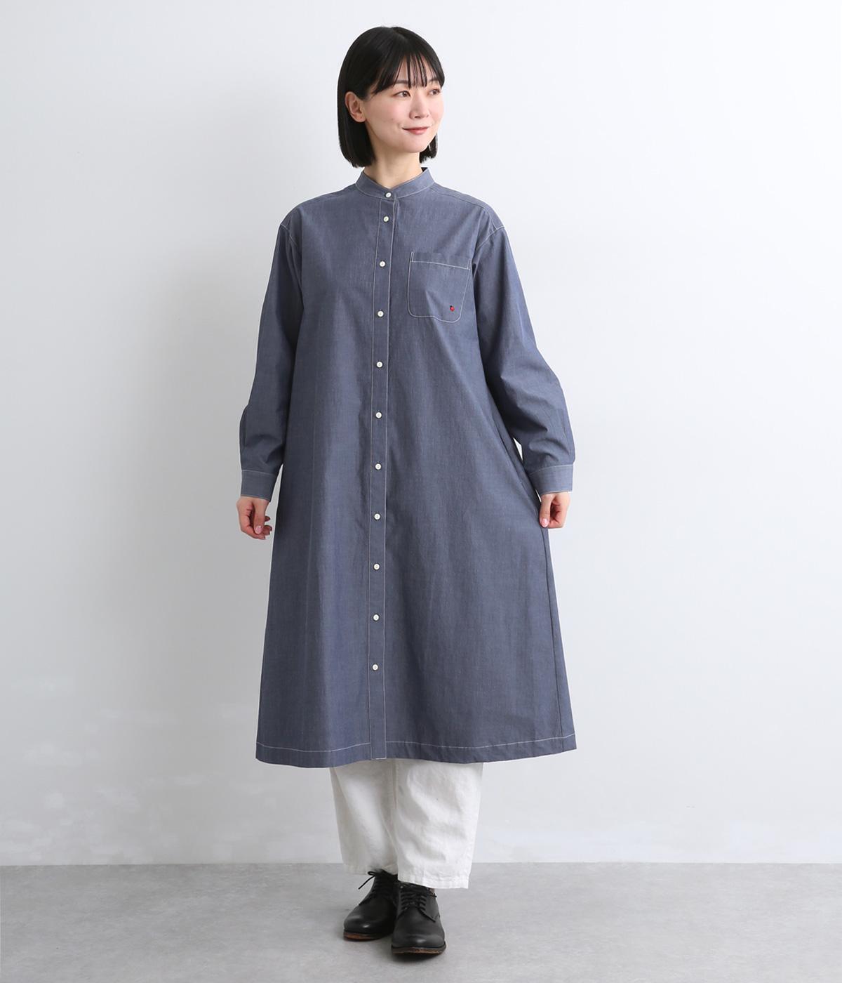 コットンバンドカラーシャツワンピース(ネイビー無地-F)