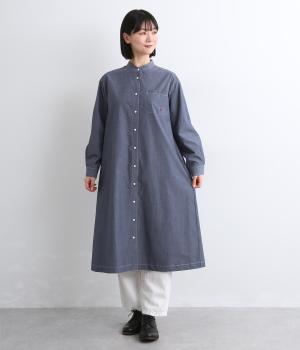 コットンバンドカラーシャツワンピース(ネイビー無地-F)