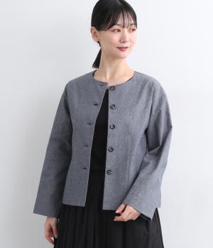 コットンシャンブレーリバティタナローンノーカラージャケット