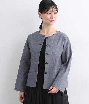 コットンシャンブレーリバティタナローンノーカラージャケット(ネイビー-F)