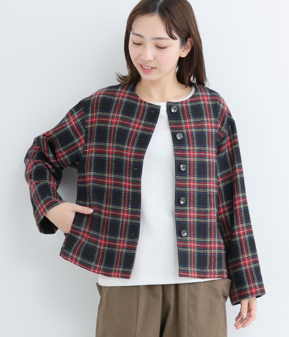 ウール混タータンチェックノーカラージャケット(ブラック地赤チェック-F)
