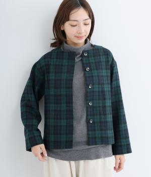 ウール混タータンチェックノーカラージャケット(ブラックウォッチ-F)