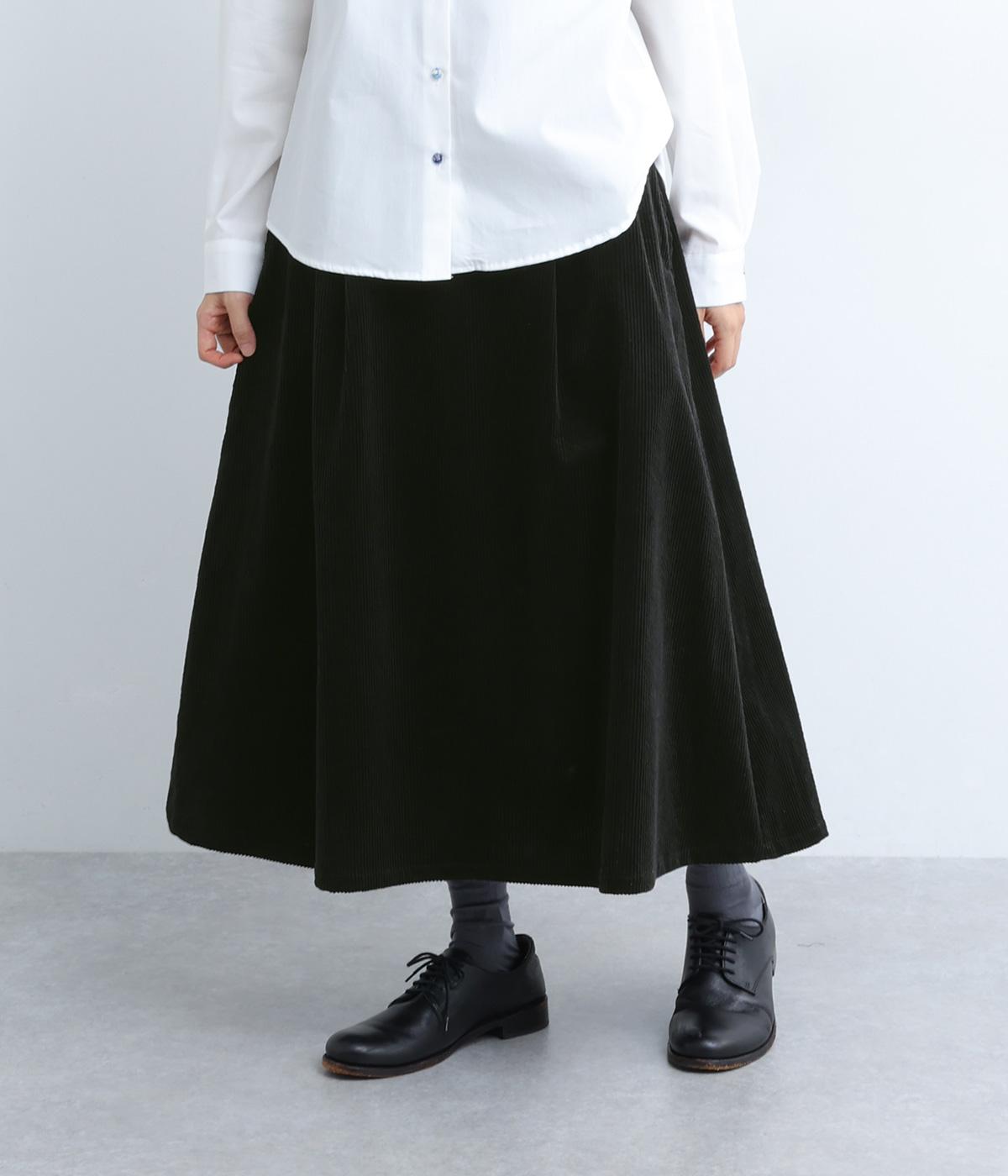 コットンサッカーコーデュロイベルト内側リバティタナローン前タックギャザースカート(ブラック-F)