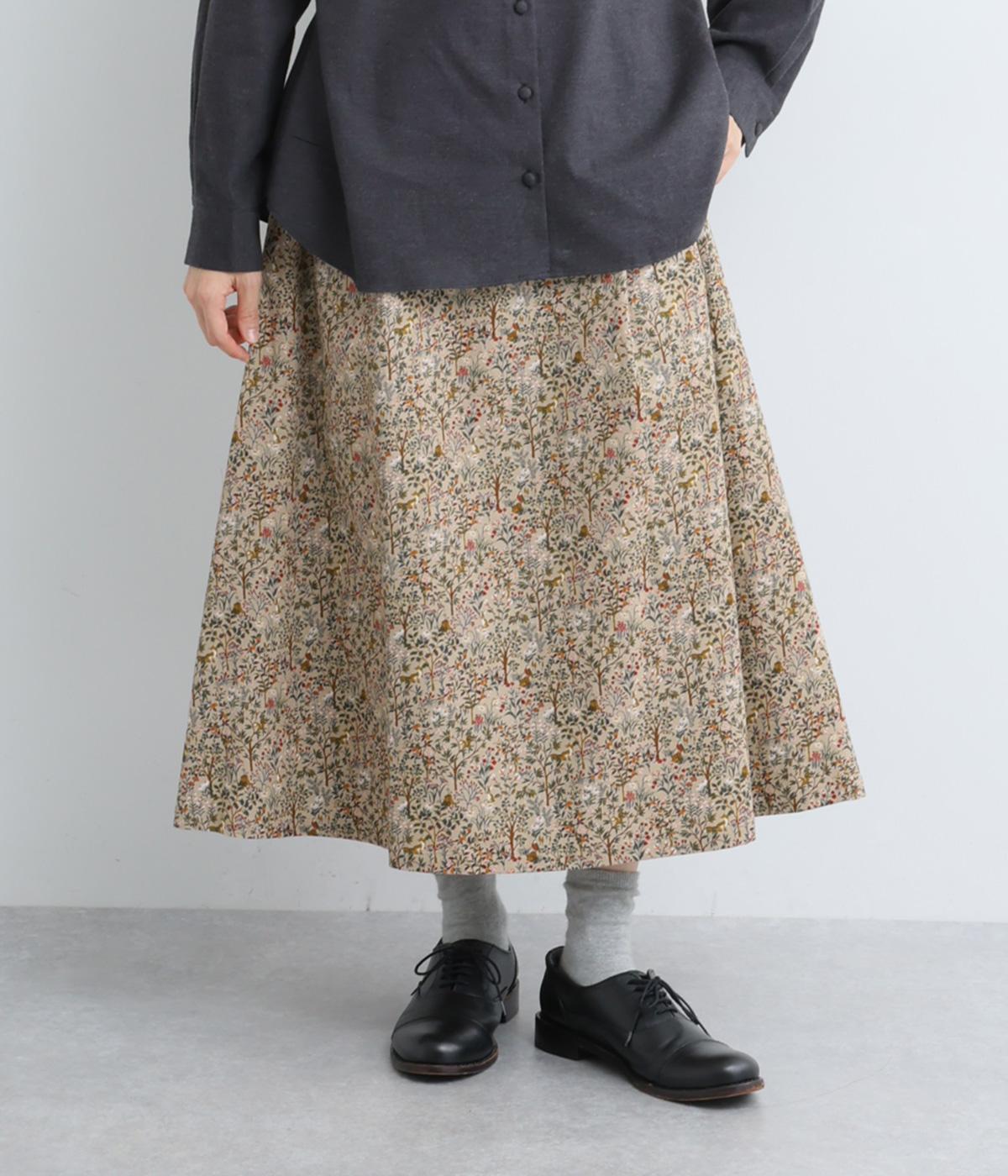 コーデュロイ森の動物前タックギャザースカート(ベージュ-F)