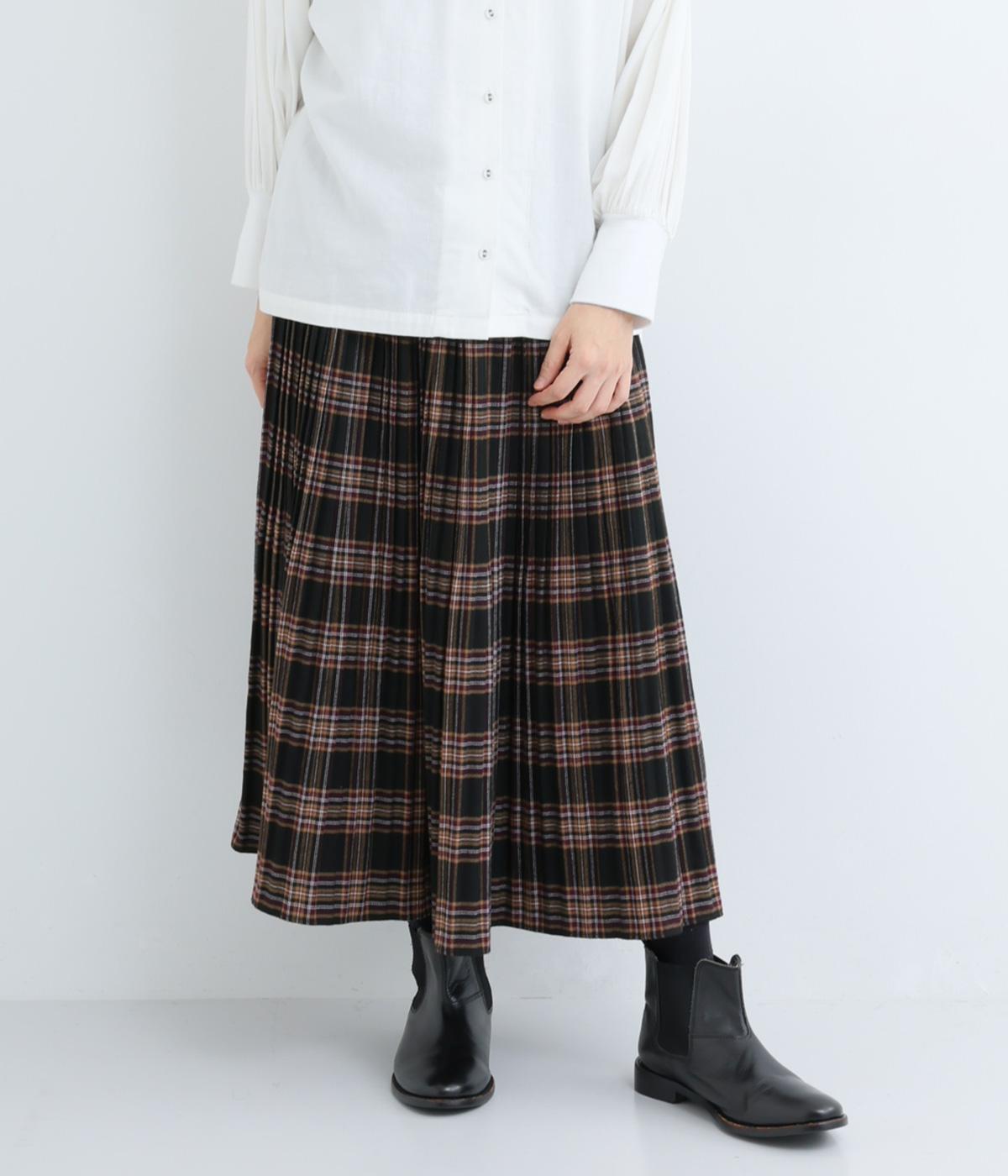 タータン起毛プリーツスカート(ブラウン-F)