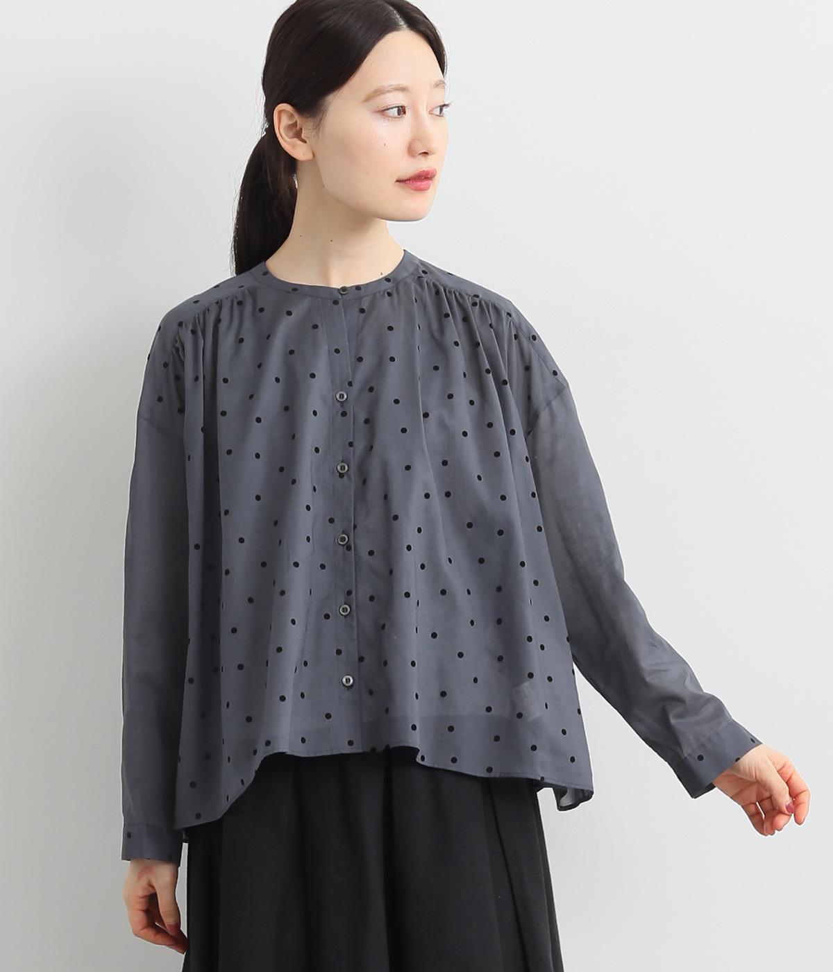 コットンローンフロッキードット前開きバッグタックフレアブラウス(ネイビーブルー-ONESIZE)