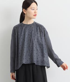 コットンローンフロッキードット前開きバッグタックフレアブラウス(ネイビーブルー-ONESIZE)