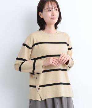 ハーフミラノサイド切替ニットプルオーバー(ベージュ×ブラック-F)