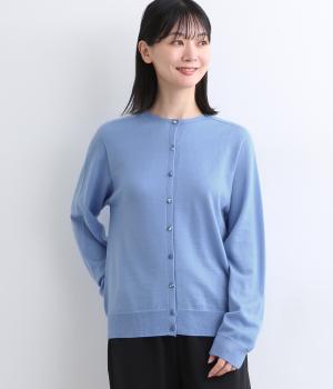 メリノウールホールガーメントリバティクルミボタンベーシックカーディガン(ブルー-L)