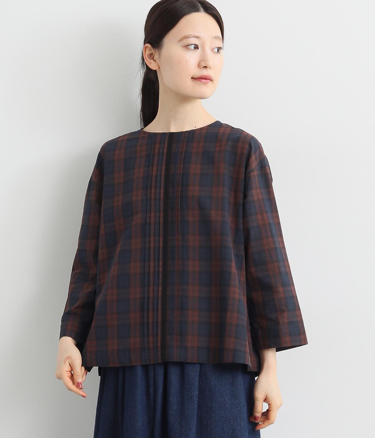 コットンサッカーチェック8分袖レースピンタックプルオーバーブラウス(ボルドー系-ONESIZE)