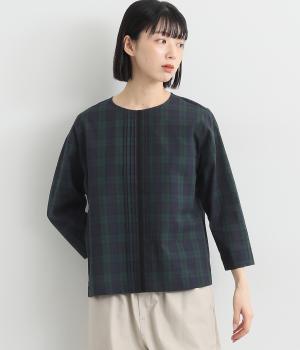 コットンサッカーチェック8分袖レースピンタックプルオーバーブラウス(グリーン系-ONESIZE)