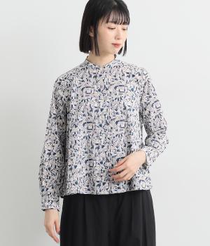 コットンローン文房具スタンドカラーAラインブラウス(ネイビー系-ONESIZE)