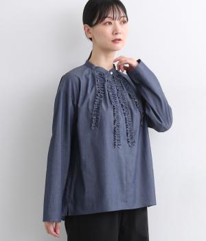 コットンインディゴデニムフリルラインブラウス