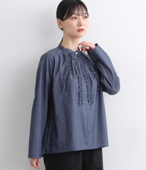 コットンインディゴデニムフリルラインブラウス(インディゴ-F)